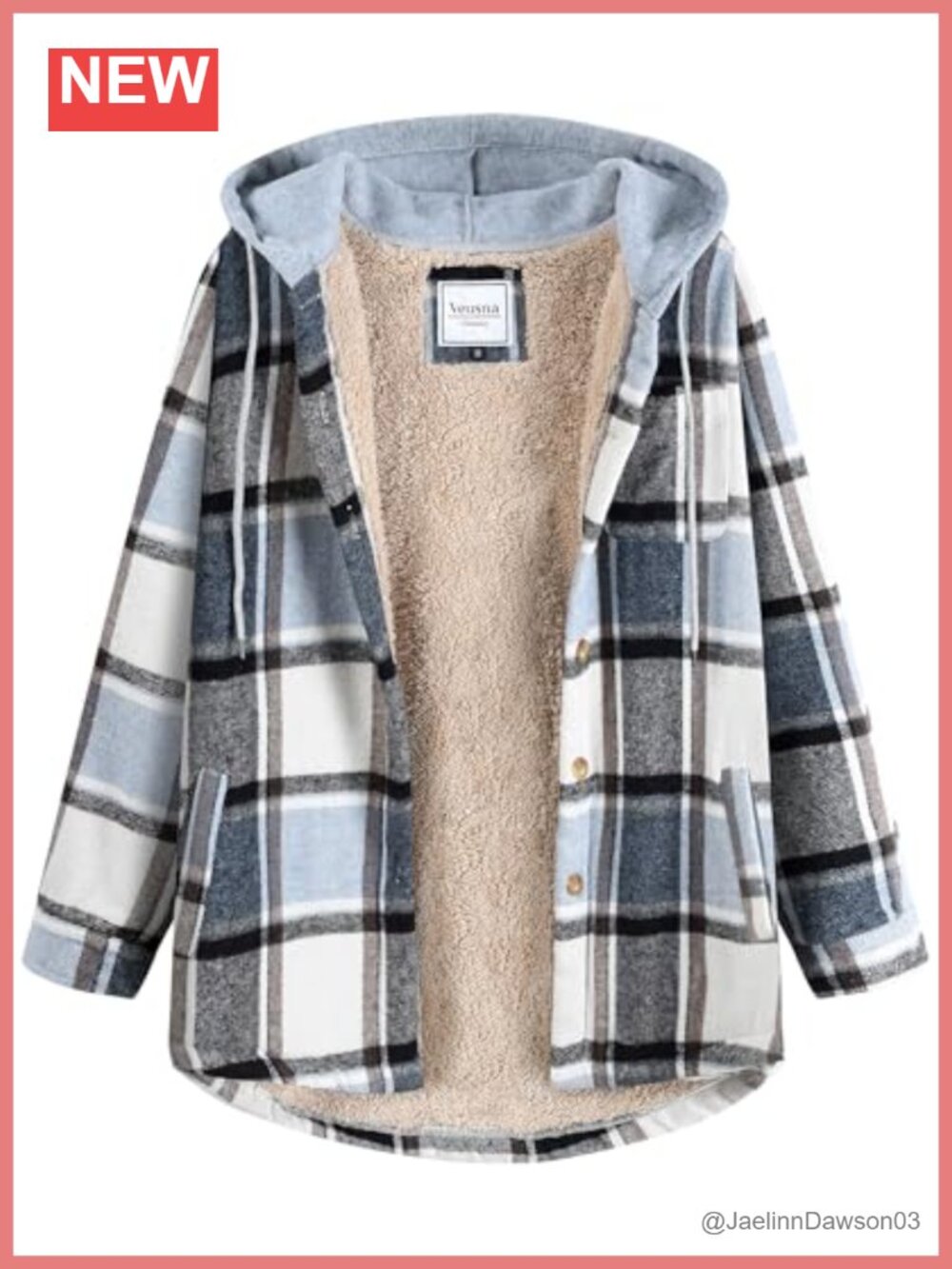 Sherpa Lined Plaid Shacket Hooded Fleece Jacket Button Cuffs Fall Winter